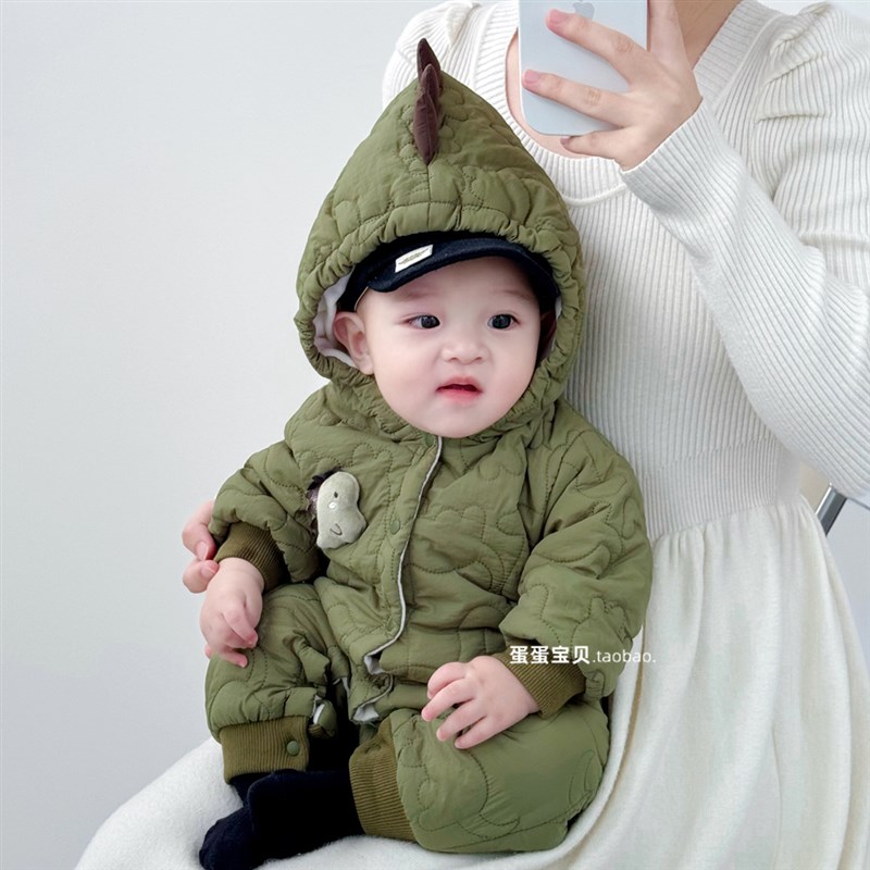 婴儿加绒衣服连体衣男宝宝秋冬装可爱外出夹棉服超萌外套抱衣冬季