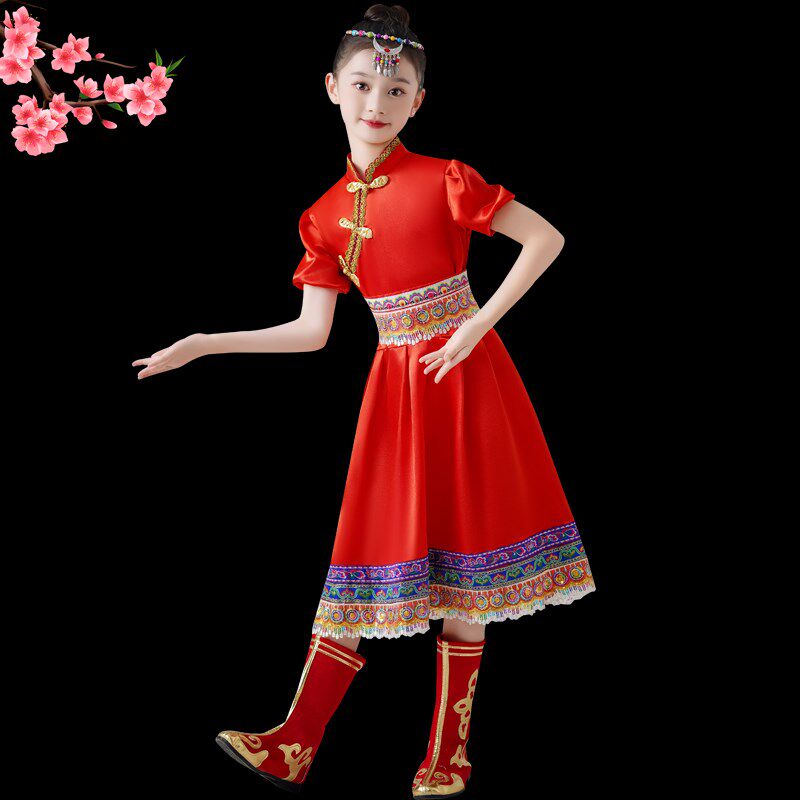 六一儿童白马舞蹈演出服装蒙古族筷子舞表演服女童少数民族藏族服