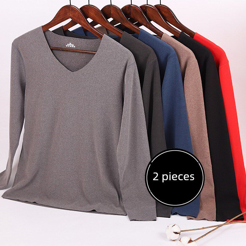 2件 无痕发热保暖长袖T恤男加绒加厚秋冬季德绒修身V领内衣打底衫