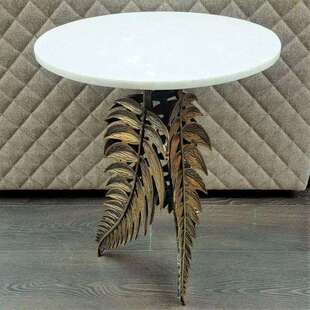 复古金叶子大理石边几设计师金属咖啡桌酒店别墅客厅圆形茶几茶桌