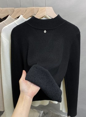 一体绒半高领毛衣女加绒厚打底衫2024秋冬新款蕾丝针织衫内搭上衣