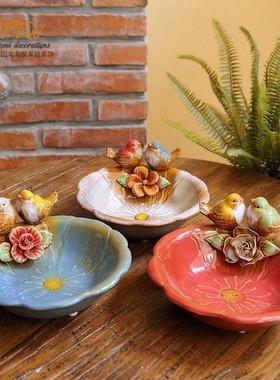 欧式家居饰品小鸟花朵陶瓷烟灰缸装饰盘子皂托收纳装饰品