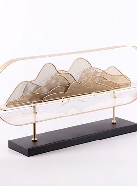 轻奢新中式铁艺假山样板间书房玄关柜摆件办公桌博古架高端装饰品