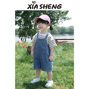 夏生 大口袋背带短裤 男女童纯棉牛仔裤宝宝百搭裤子儿童夏季新款