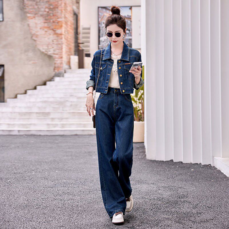 春装搭配一整套秋季牛仔阔腿裤套装女装2024新款时尚显瘦时髦洋气
