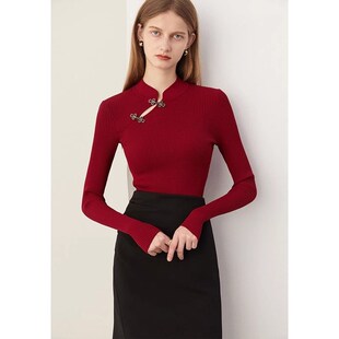 春新中式上衣复古红色毛衣小立领国风上衣修身针织衫女