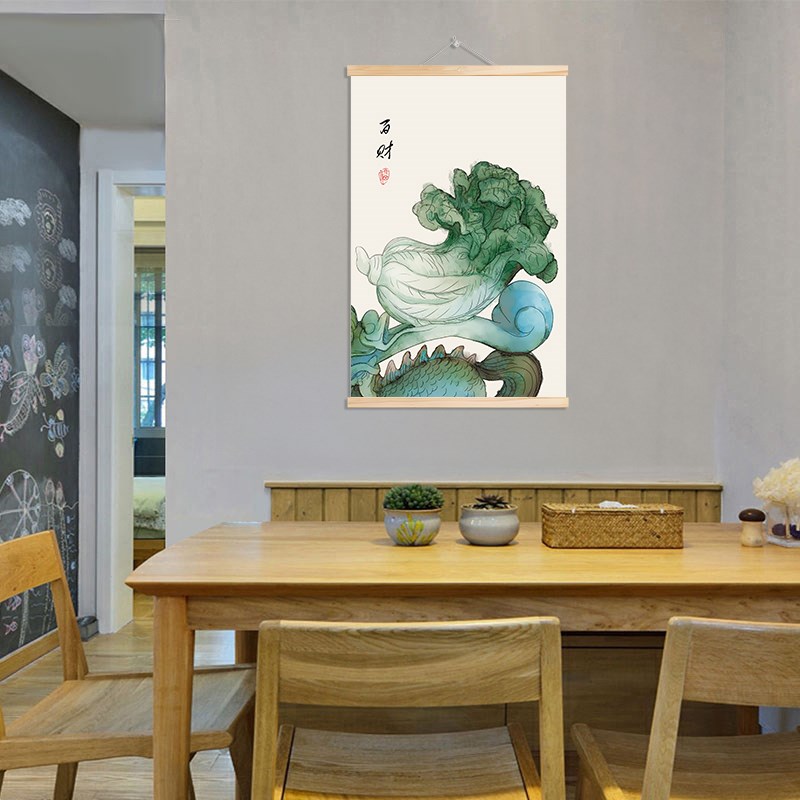 中国风富贵平安白菜布艺卷轴挂画客厅茶室装饰画电表箱中式风景画图片