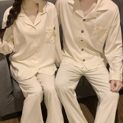 情侣睡衣女春秋冬季纯棉男士长袖可爱网红夏季家居服两件套装杏色