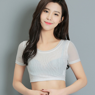 女夏薄款 大码 短袖 蕾丝打底衫 纱衣内搭防晒低领短款 半截网纱打底衫