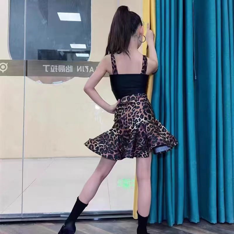 女童拉丁舞蹈g服练功服分体套装夏季吊带豹纹集训表演少儿拉丁舞