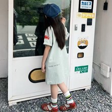女童连衣裙夏季女宝宝浅绿色衬衫翻领polo裙日T系洋气亲子装裙子