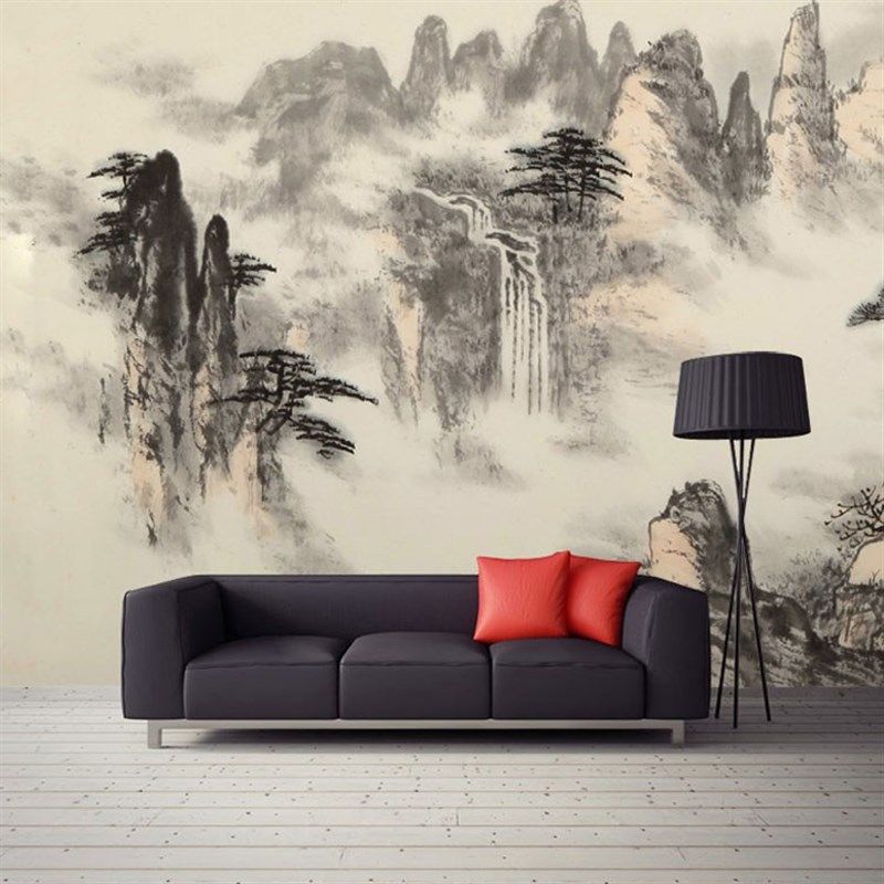 古典山水墙纸壁画定制壁纸新中式水墨沙发卧室背景影视墙无缝墙布