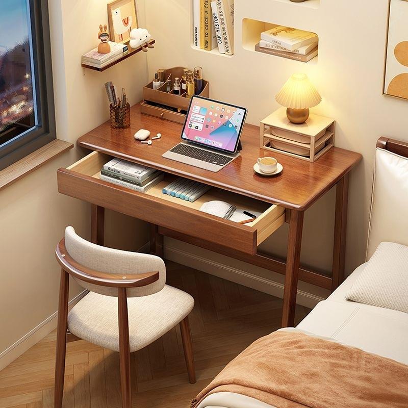 小户型实木书桌化妆桌一体单人电脑桌学生卧室床边学习写字桌子