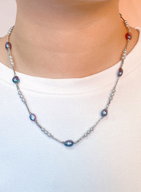 天然淡水珍珠蓝莓紫色百搭串珠项链 仿施家水晶珍珠水晶串珠项链