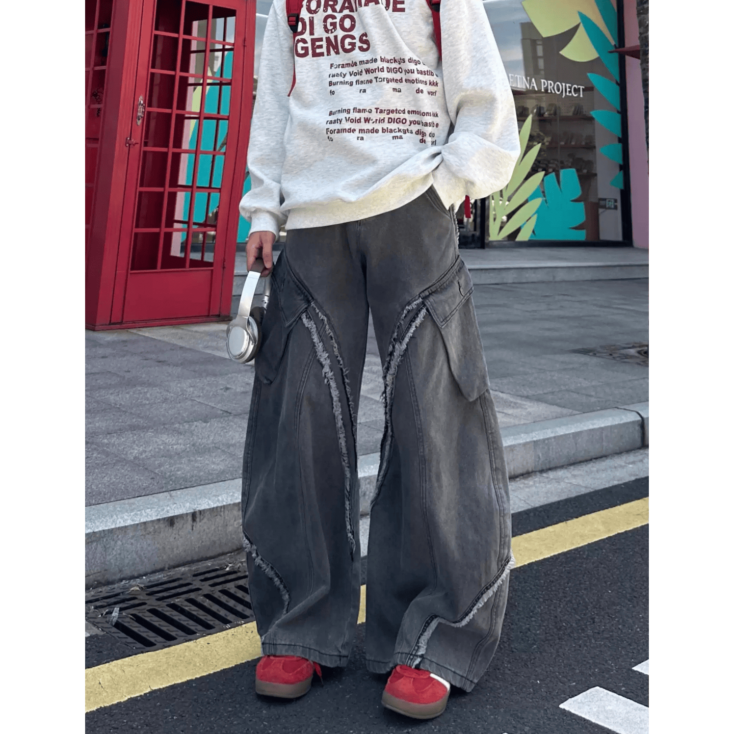 美式复古大口袋毛边拼接做旧牛仔裤男女潮牌阔腿廓形弯刀拖地长裤