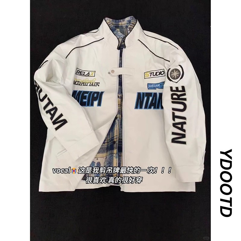 美式PU皮夹克赛车外套潮牌小众hiphop刺绣小立领工装机车服飞行服