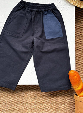 PAWN TIGER2025秋季新款日系复古拼接撞色口袋儿童藏青休闲直筒裤