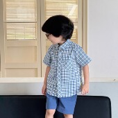 轻薄透气短袖 夏儿童纯棉高级蓝绿格子衬衫 上衣 Tiger2025新款 Pawn
