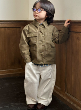 Pawn Tiger2025秋季儿童军绿色日系宽松外套休闲水洗工装夹克上衣