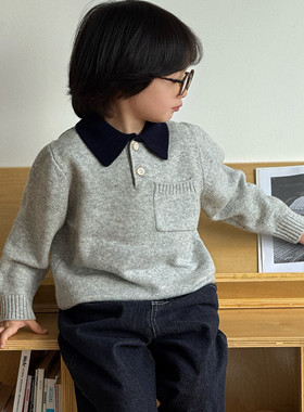 Pawn Tiger2025秋冬新款儿童撞色翻领羊毛衫澳洲进口美利奴毛衣