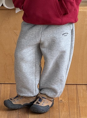 Pawn Tiger2025冬季新款儿童拼色加厚抓绒卫裤印花休闲运动卫裤