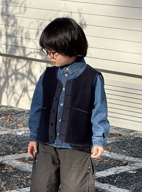 Pawn Tiger2025冬季儿童藏青色日系马甲全羊毛柔软舒适叠穿马甲
