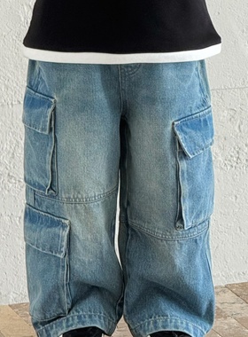 Pawn Tiger2025秋季新款儿童水洗蓝软牛仔裤多口袋工装裤休闲长裤