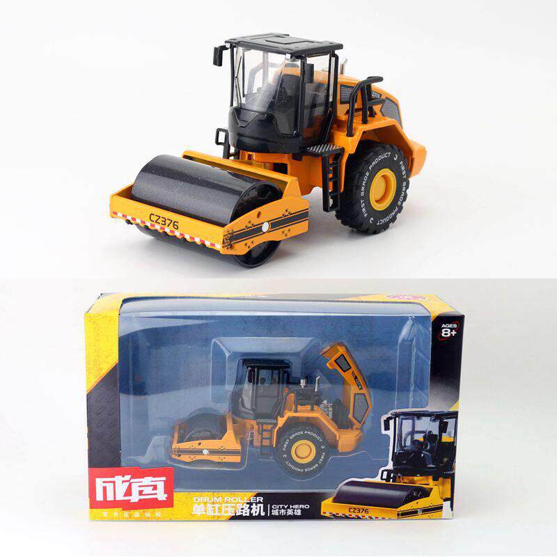 彩珀仿真合金汽车玩具模型1:50钢轮压路机工程车卡车声光开窗盒