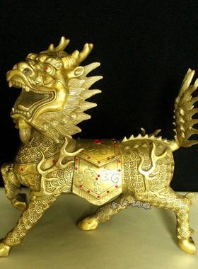 纯黄铜火焰麒麟摆件纳福麒麟家居客厅金属装饰工艺品