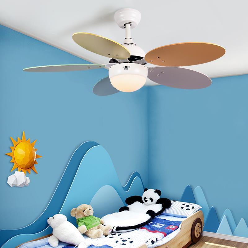 儿童吊扇灯北欧风扇吊灯卧室温创意马卡龙家用餐厅电扇灯木质扇叶