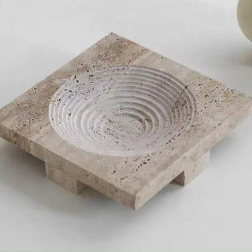 现简约天然米黄洞石首饰收纳托盘 客厅玄关家居装饰工艺品摆件