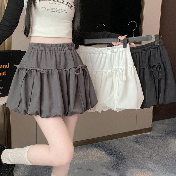 芭蕾风蝴蝶结女夏季a字半身裙蓬蓬裙松紧腰绑带花苞甜酷灯笼短裙