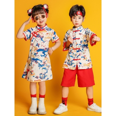 儿童六一演出服中国风男童汉服女童龙纹旗袍舞蹈服朗诵合唱表演服