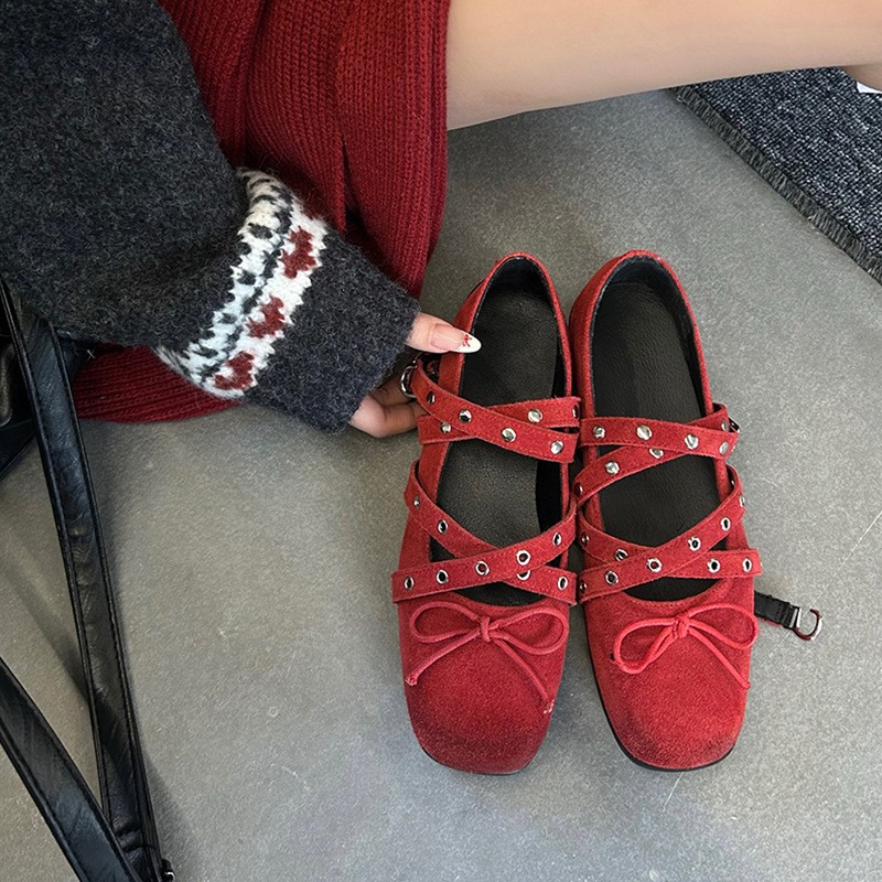 牛皮版~蝴蝶结平底芭蕾舞鞋女新款铆钉扣带复古小香风玛丽珍单鞋