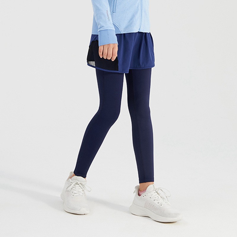 儿童女孩假两件瑜伽裤运动裙裤女童运动速干裤印花修身训练长裤