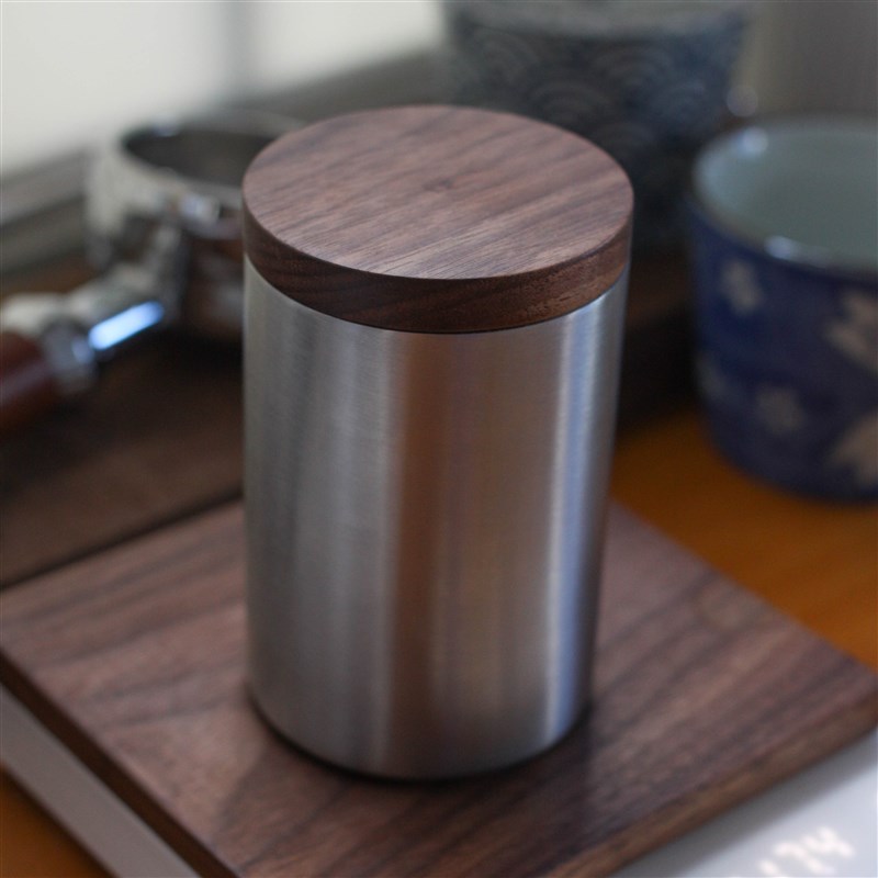 素止 复古不锈钢咖啡豆保存罐 实木