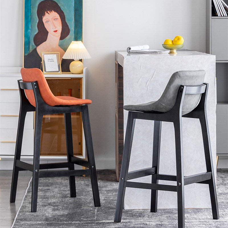 实木酒吧椅吧台椅现代皮艺家用中岛台椅吧凳前台接待高脚椅子