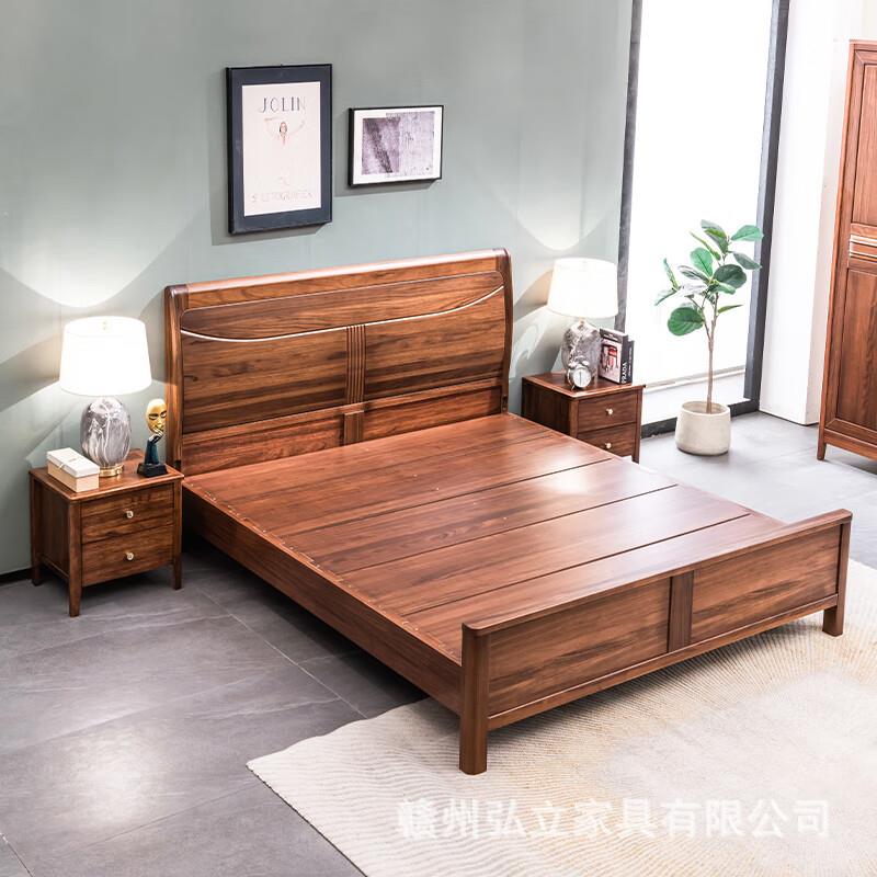全13实木床现代简1约黑1胡桃木中式原木.m双人床.5米卧室家具