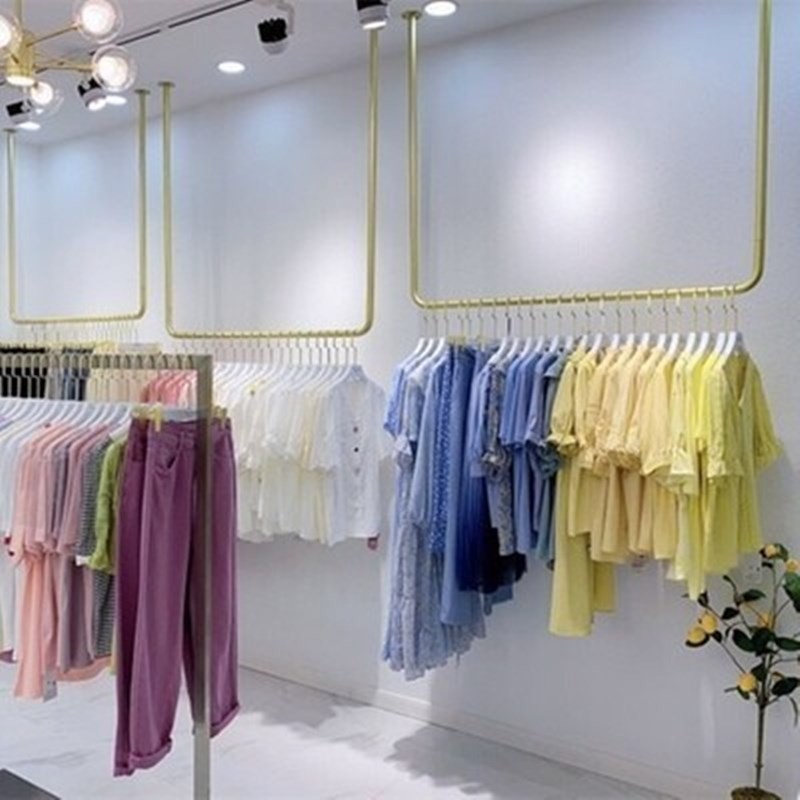 铁艺女服装店吊顶悬挂衣架金色上墙婚纱礼服展示架吊架U形挂衣杆