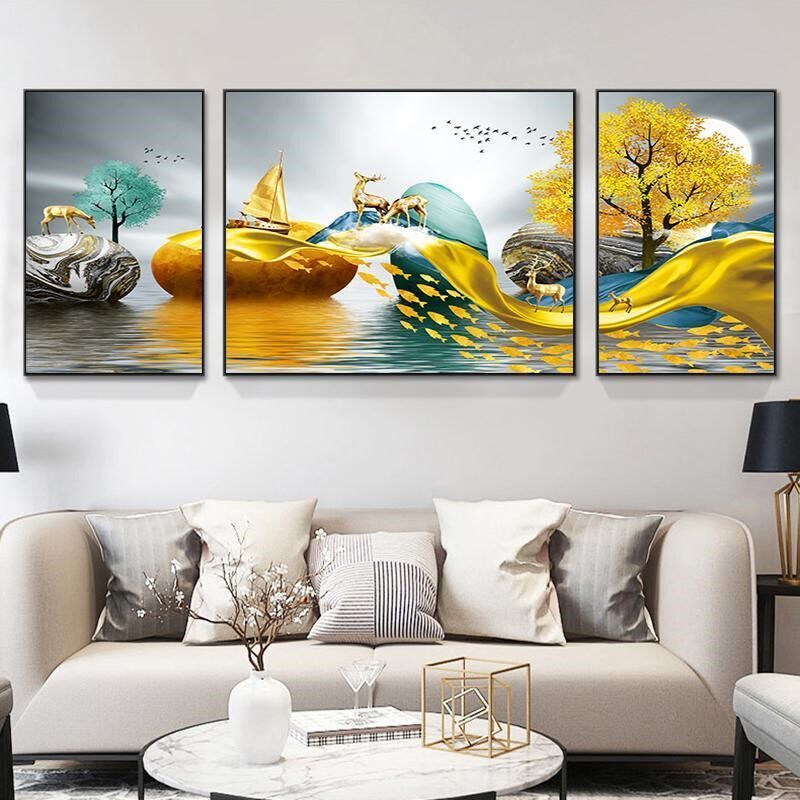 石来运转麋鹿十字绣2023新款线绣客厅三联画时来运转风景满绣刺绣