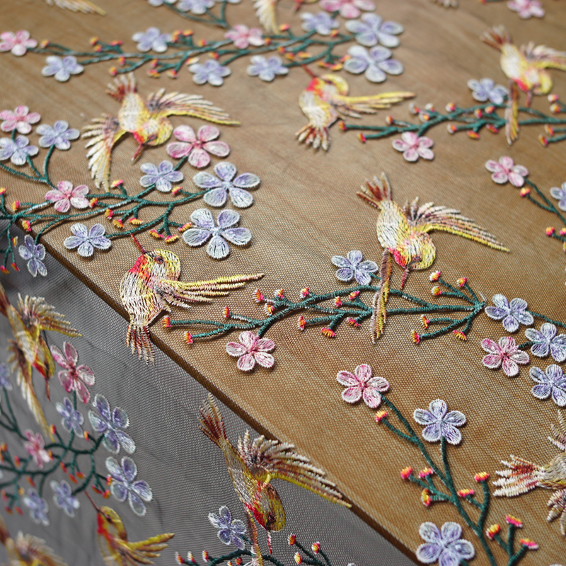 W129黑/白色底小鸟印花工艺立体刺绣软网纱蕾丝面料服装礼服布料