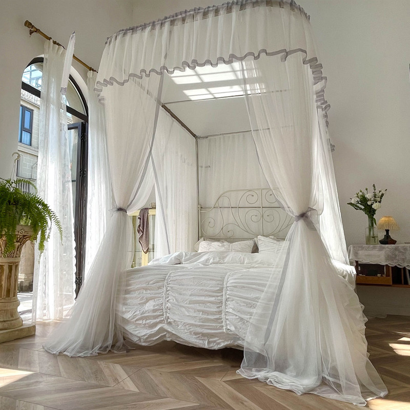 2021新品u型导轨日式蚊帐三开门家用白色加厚加密褶皱1.8m床1.5米