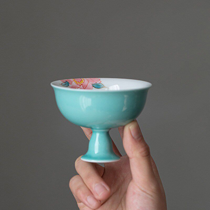 手绘茶杯高足粉色主人杯单杯女品茗杯单个茶碗陶瓷大号茶盏品茗杯