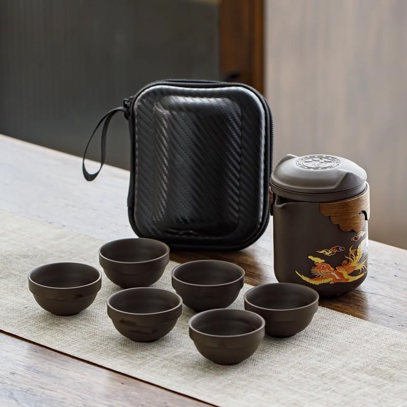 龙凤呈祥变色紫砂壶原矿朱泥带茶滤茶杯大容量泡茶壶旅行功夫茶具