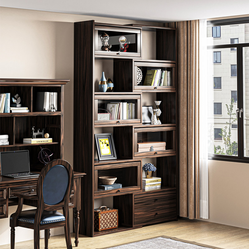美式书柜可伸缩收纳柜带玻璃门展示柜落地靠墙书架客厅组合收纳柜