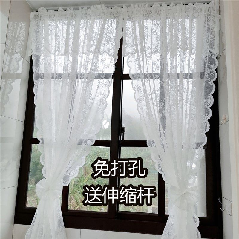 思幔免打孔韩式蕾丝窗纱门帘隔断厨房卧室橱窗穿杆魔术贴短帘定制