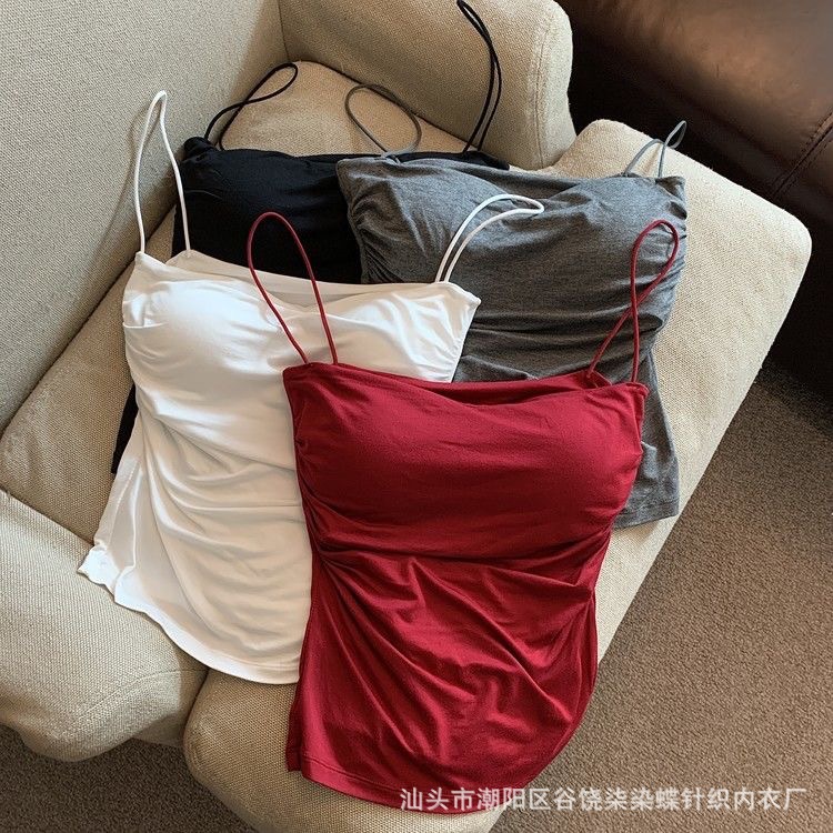 辣妹褶皱吊带背心女带胸垫纯欲风内搭外穿细肩带美背抹胸显瘦上衣