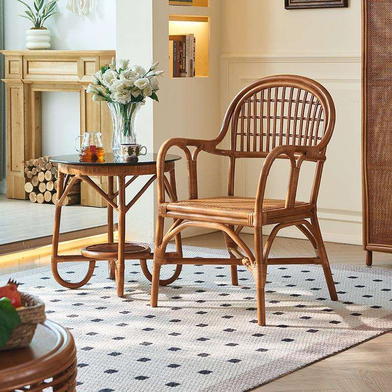 中古风藤椅子家用阳台藤编单人椅民宿简约扶手靠背休闲椅茶几组合