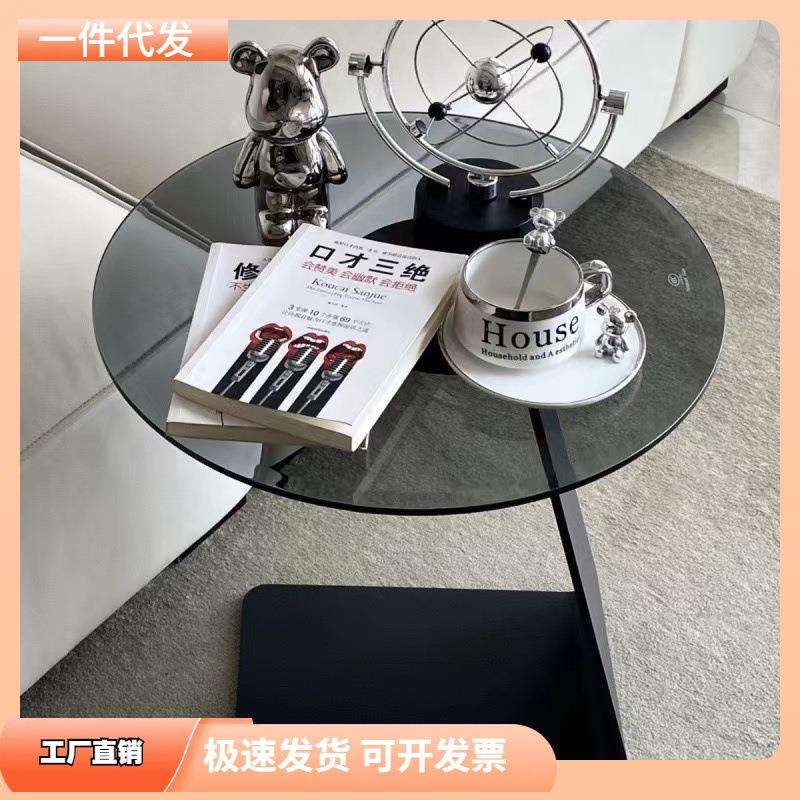 钢化玻璃茶几客厅沙发意式边几轻奢现代简约高级极简圆桌创意角几