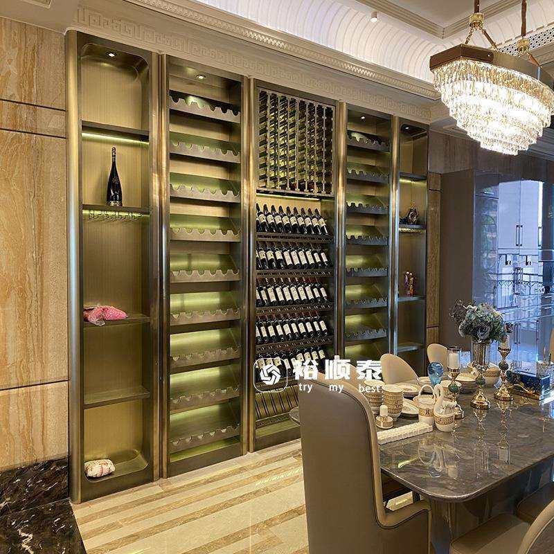 金属红酒展示柜陈列架 新中式博古架 钛金色不锈钢酒柜酒架
